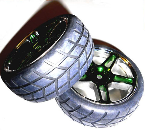 02185 1/10 On Road RC Car Wheels and Tyres x 2 Green