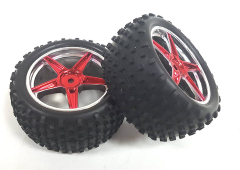 06010 1/10 Scale Off Road RC Buggy Front Wheels and Tyres x 2 Red Chrome Plastic