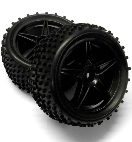 06026 1/10 Scale Off Road RC Buggy Rear Wheels and Tyres x2 Black 5 Spoke HSP