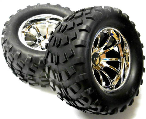 08045 1/10 Scale Monster Truck Tyre and Wheel Rim Chrome / Silver Coated HSP x 2