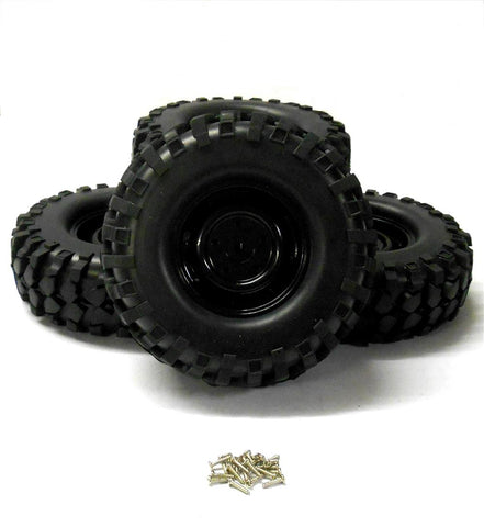 210071 1/10 Off Road Rock Crawler RC Plastic Steel Look Wheels and Tyres Black 4