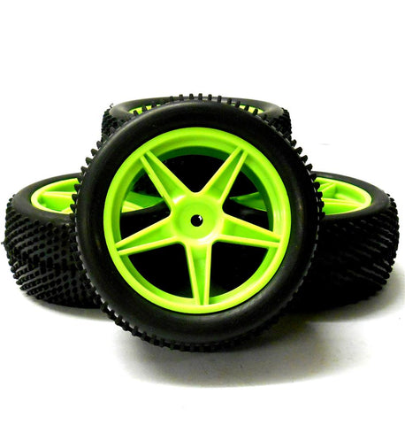 A66007/027 1/10 Off Road Front Rear RC Wheels Pin Tyres 5 Spoke Green x 4