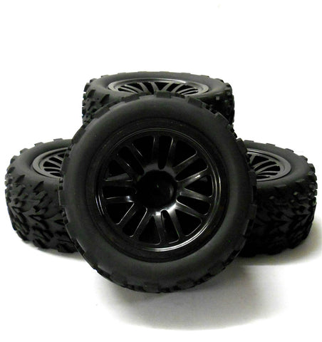 8138 1.10 Scale Monster Truck Wheel and Tyre Rim x 4 Black 7 Dual Spoke