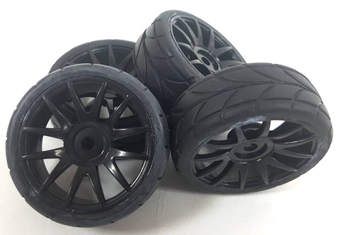 82829BL 1/16 Scale RC Nitro Car Wheels and Tyres Complete x 4 HSP Black Plastic