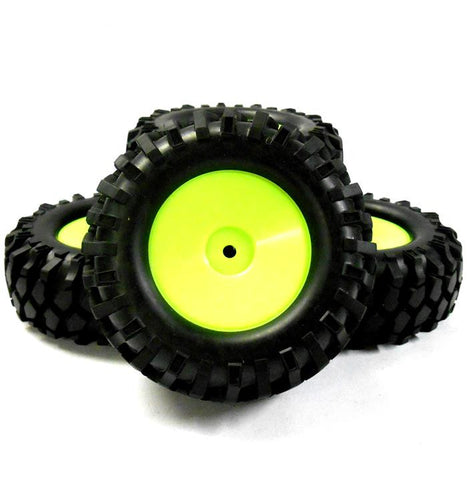 A960002 1/10 Off Road Rock Crawler Wheel and Tyres x 4 Light Green Plastic Disc