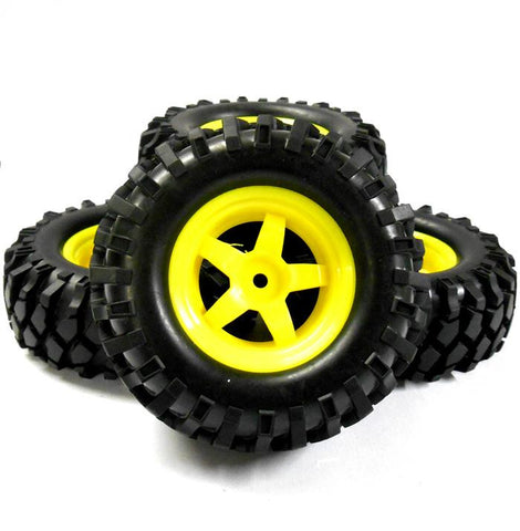 A960023 1/10 Scale Off Road Rock Crawler Wheel and Tyre 4 Yellow Plastic 5 Spoke
