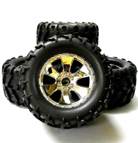 BS904-015CHROME 1/8 Scale RC Nitro Monster Truck Off Road Wheels and Tyres x 4