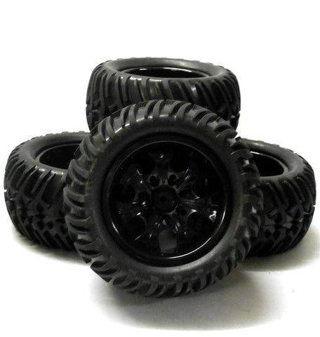 HS211112BK 1/10 Scale Off Road Monster Truck RC Wheels and V2 Tyres Black x 4