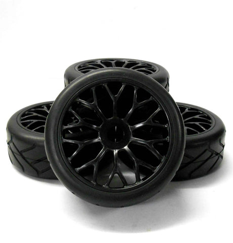HS281002B 1/8 On Road Street Tread RC Wheels and Tyres 5 Spoke Tree Black x4