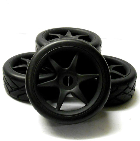 HS281004B 1/8 On Road Street Tread Car RC Wheels and Tyres 6 Spoke Black x 4