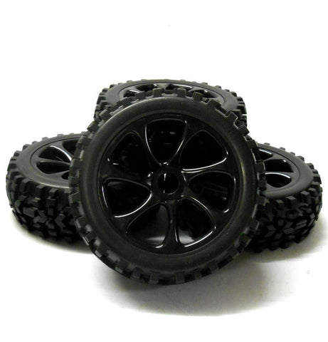 HS281058B 1/8 Scale Off Road Buggy RC 7 Spoke Swirl Wheels and Tyres Black x 4