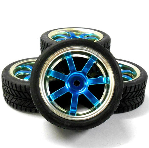 A250049 1/10 On Road Soft Tread Car RC Wheel and Tyre 7 Spoke Light Blue x 4