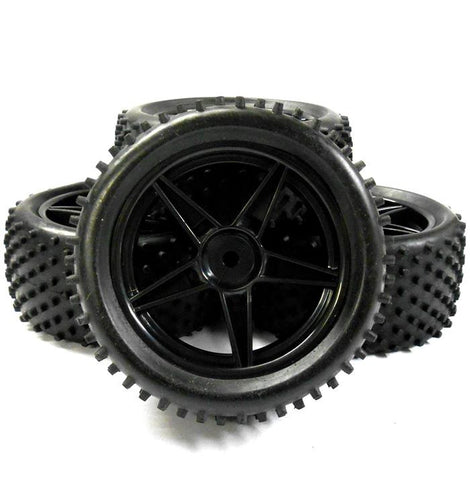 A66010/031 1/10 Off Road Front Rear Buggy RC Wheels Studd Tyres 5 Spoke Black