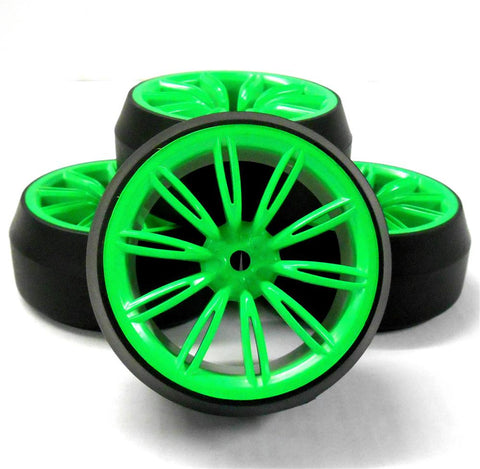 WL-0080 1/10 Scale Spec D 10 Spoke Dual Spoke Wheel Offset +3 Green w/ Tyre x 4