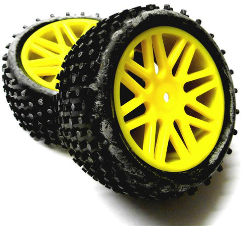 06029 1/10 Scale Off Road RC Buggy Rear Wheels and Tyres x2 Yellow Disc HSP