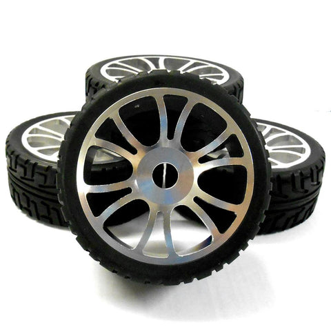 152002S 1/8 Scale Alloy On Road Buggy RC Wheels Tyres Twin 6 Spoke Silver x 4