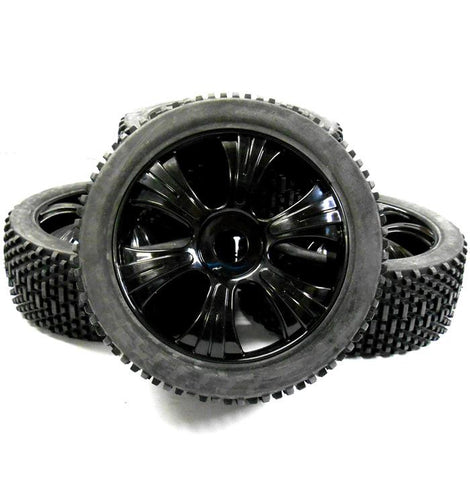 180022 1/8 Scale Off Road Buggy RC Wheels and Block Tread Tyres 6 Spoke Black V3