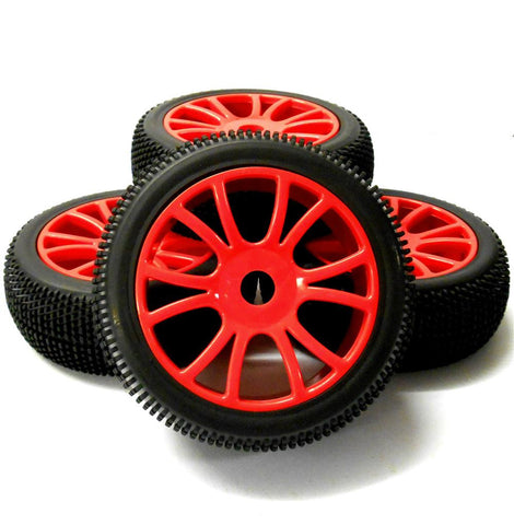 180045 1/8 Scale Off Road Buggy RC Wheels and Block Tread Tyres Dual Spoke Red
