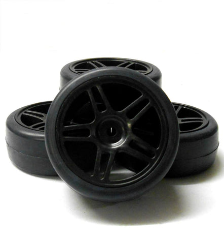 A20071 1/10 On Road Soft Tread Car RC Wheels Slick Tyres 5 Spoke Dual Black x 4