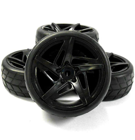 22100 1/10 Scale RC Car On Road Wheel and V Tread Tyre Black Plastic 5 Spoke x 4