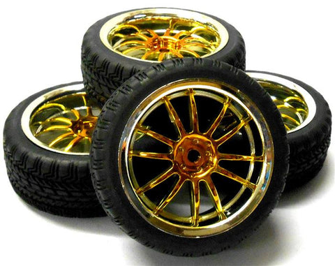 A250082 1/10 On Road Soft Road Tread Car Wheels and Tyres 12 Spoke Yellow x 4