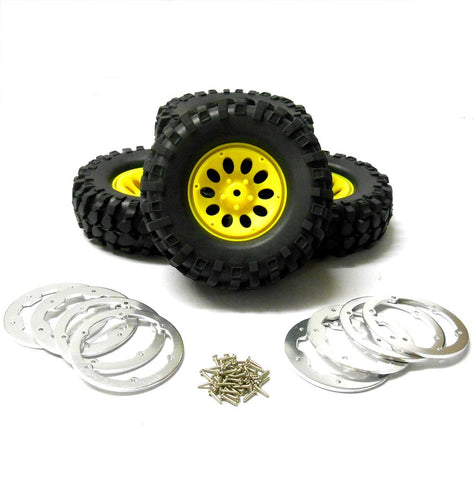270033 1/10 Off Road Rock Crawler RC Wheels and Tyres Yellow 4 Silver Bead Lock