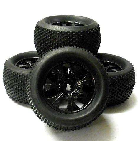 810011 1/8 Scale Off Road RC Monster Truck Wheels and Tyres x 4 Black Pin Tread