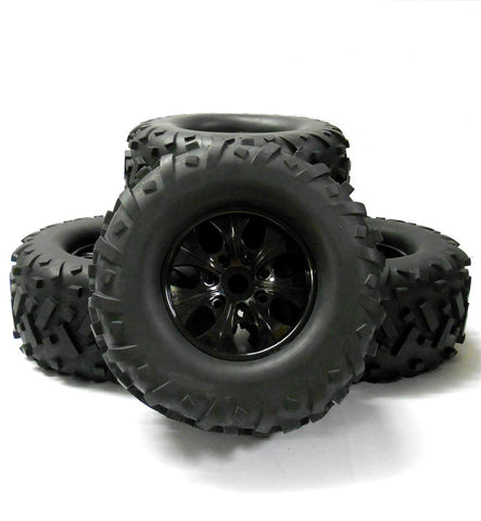810026 1/8 Scale Off Road RC Monster Truck 7 Spoke Wheel and Tyres x 4 Black