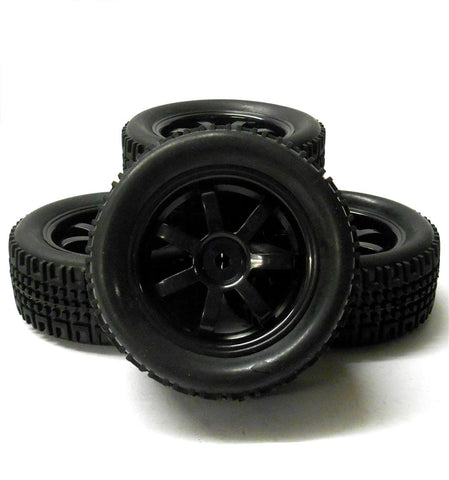 9013 1/10 Scale RC Car Off Road 7 Spoke Wheel and Rally Tread Tyre Black x 4 V2
