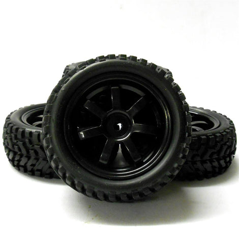 9078 1/10 Scale RC Off Road 7 Spoke Wheel and Rally Tread Tyre Black x 4