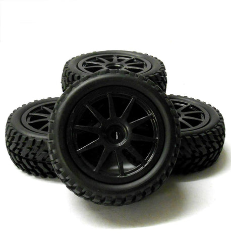 9083 1/10 Scale RC Car Off Road 10 Spoke Wheel and Rally Tread Tyre Black x 4
