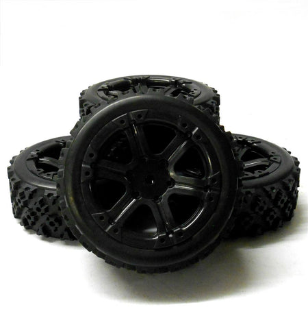 9128 1/10 Scale RC Car Off Road Dual Spoke Wheel and Rally Tread Tyre Black x 4