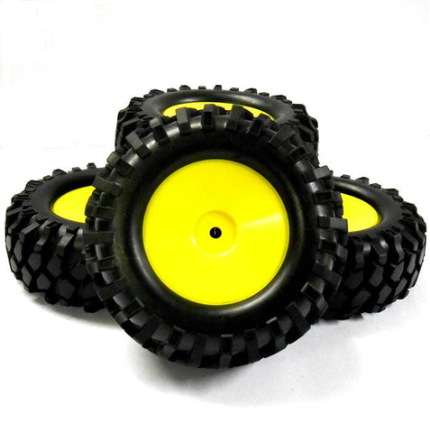 A960003 1/10 Scale Off Road Rock Crawler Wheel and Tyres x 4 Yellow Plastic Disc