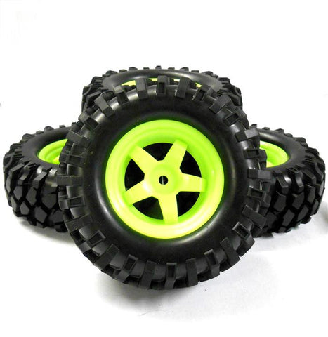 A960022 1/10 Off Road Rock Crawler Wheel and Tyres 4 Light Green Plastic 5 Spoke