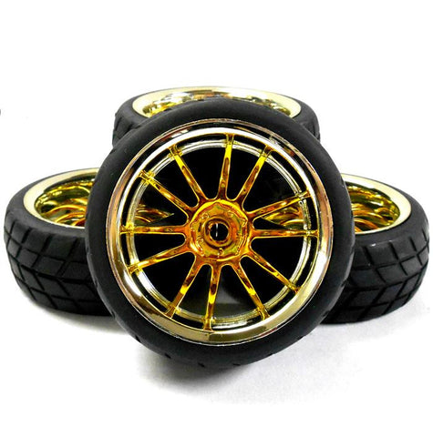 A250047 1/10 On Road Soft V Tread Car RC Wheel and Tyre 12 Spoke Yellow Chrome 4