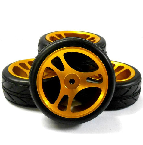 AA1003G 1/10 Scale RC Car On Road Wheel and V Tread Tyre Gold Alloy 3 Spoke x 4